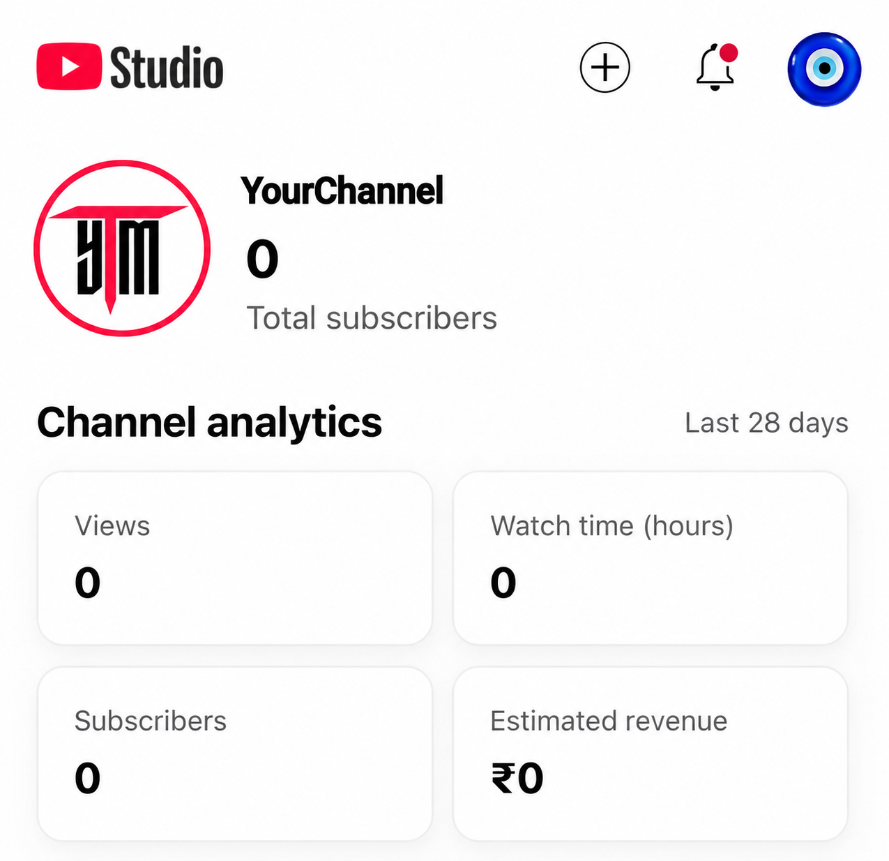 YouTube Studio snapshot showing zero subscribers, zero views, zero watch time and zero estimated revenue